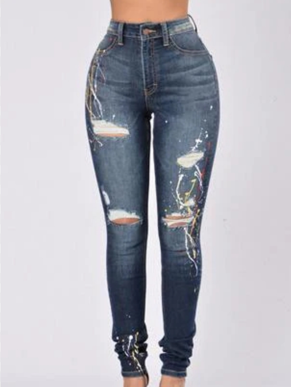 High-Rise Skinny Jeans with Paint-Splatter Detail - Blue